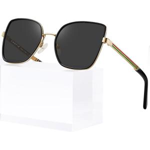 CARFIA Trendy Square Metal Sunglasses for Women Polarized UV Sun Protection Nickel-free Plating Frame CA5385(Black Frame Grey Lens)