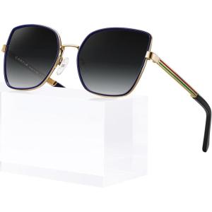 CARFIA Trendy Square Metal Sunglasses for Women Polarized UV Sun Protection Nickel-free Plating Frame CA5385(Blue Frame Grey Gradient Lens)