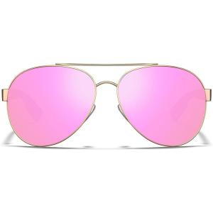 CARFIA Wide Temples Pilot Sunglasses for Men Polarized UV400 Protection Classic Trendy Style Eyewear CA5378(4. Gold Frame + Pink & Purple Mirror)