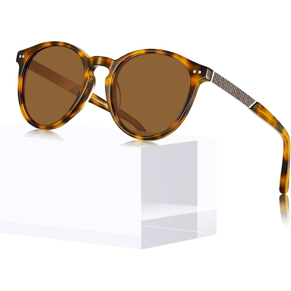 imageCARFIA Retro Acetate Round Polarized Sunglasses For Women UV 400 Protection Small Face Frame Vintage Circle Shades CA52016tortoiseshell Frame  Brown Lens