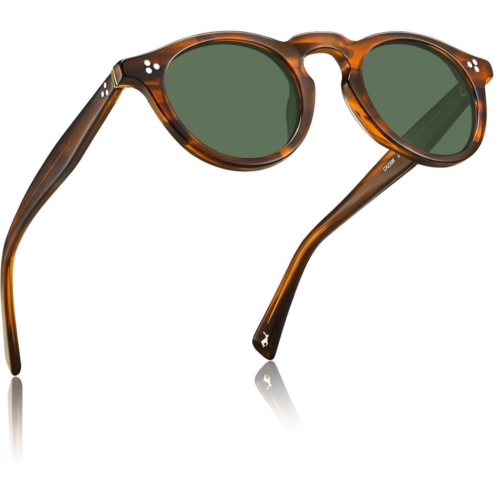 imageCARFIA Retro Mens Sunglasses Polarized UV400 Protection Small Round Acetate Italian Luxury Style Driving Shades1striped Frame Green Lens