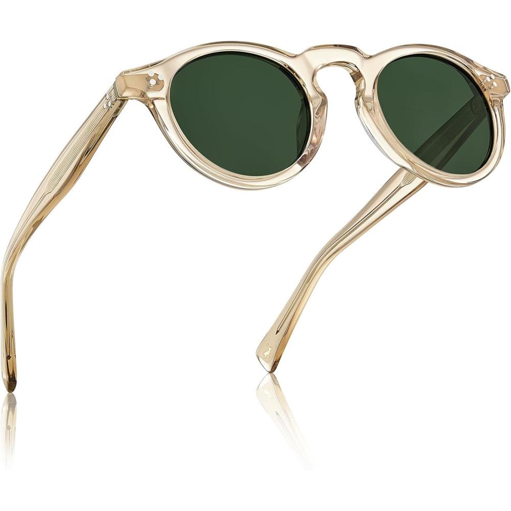 imageCARFIA Retro Mens Sunglasses Polarized UV400 Protection Small Round Acetate Italian Luxury Style Driving Shades4transparent Yellow Frame Green Lens