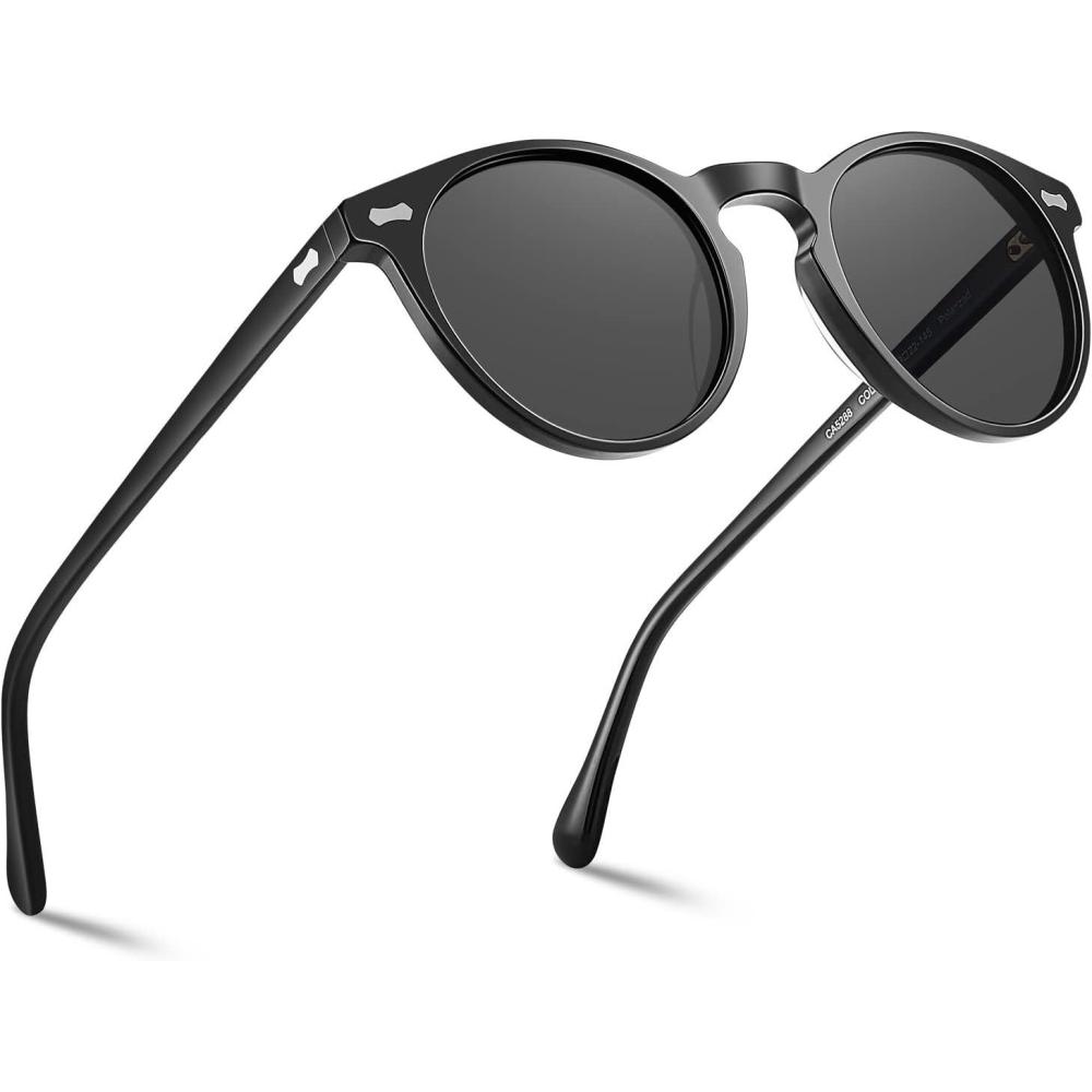 imageCARFIA Retro Polarized Sunglasses for Men UV400 Protection Handmade Acetate Round Frame CA5288LR1 Grey Lens Black Frame