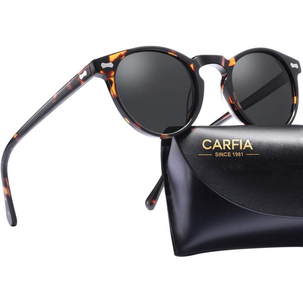 imageCARFIA Retro Polarized Sunglasses for Men UV400 Protection Handmade Acetate Round Frame CA5288LR2 Grey Lens Tortoise Frame