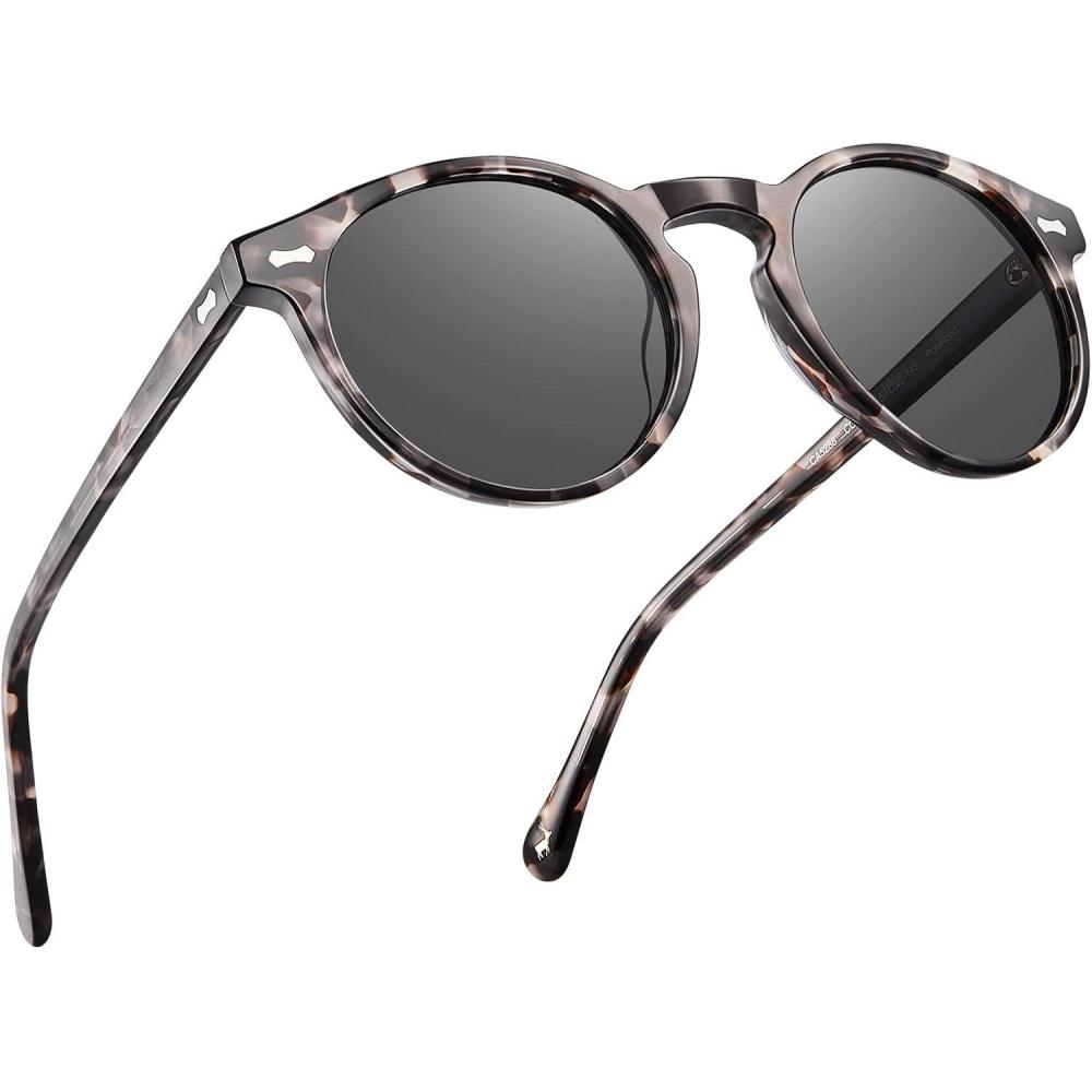 imageCARFIA Retro Polarized Sunglasses for Men UV400 Protection Handmade Acetate Round Frame CA5288LR7 Grey Tortoise Frame Grey Lens