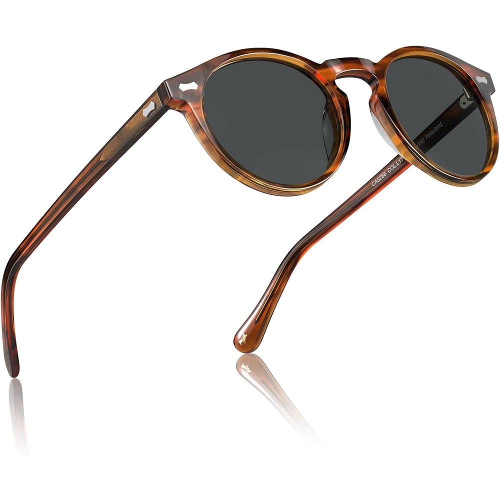 imageCARFIA Retro Polarized Sunglasses for Men UV400 Protection Handmade Acetate Round Frame CA5288LR9 Striped Brown Frame  Grey Lens