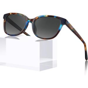CARFIA Designer Acetate Womens Polarized Sunglasses Small to Medium Face Trendy Shades UV Protection Hypoallergenic Handmade(2. Blue-brown Tortoise Frame Grey Gradient Lens)