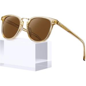 CARFIA Fashion Acetate Polarized Womens Sunglasses Small Face Retro Metal Bridge Sunnies CA5015(2-1. Transparent Tea Frame Brown Lens)