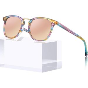 CARFIA Fashion Acetate Polarized Womens Sunglasses Small Face Retro Metal Bridge Sunnies CA5015(7. Rainbow Frame Pink Mirror)