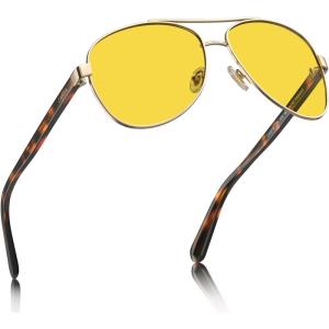 CARFIA Pilot Night Driving Glasses for Women Men, Trendy Night Vision Goggles Reduce Glare, Enhance Clarity for Safety CA3216(Shiny Gold Frame + Brown Tortoise Temple)