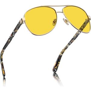 CARFIA Pilot Night Driving Glasses for Women Men, Trendy Night Vision Goggles Reduce Glare, Enhance Clarity for Safety CA3216(Shiny Gold Frame + Exquisite Tortoise Temple)