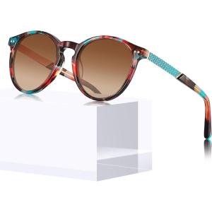 CARFIA Retro Acetate Round Polarized Sunglasses For Women UV 400 Protection, Small Face Frame Vintage Circle Shades CA5201(1. Red & Blue Floral Frame + Brown Lens)