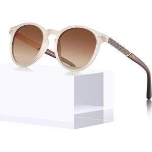 CARFIA Retro Acetate Round Polarized Sunglasses For Women UV 400 Protection, Small Face Frame Vintage Circle Shades CA5201(2.matte Frosted Clear Frame + Brown Lens)