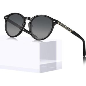 CARFIA Retro Acetate Round Polarized Sunglasses For Women UV 400 Protection, Small Face Frame Vintage Circle Shades CA5201(5. Black Frame + Dark Grey Lens)