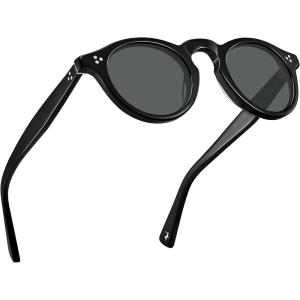 CARFIA Retro Men’s Sunglasses Polarized UV400 Protection, Small Round Acetate Italian Luxury Style Driving Shades(3-black Frame Gray Lens)