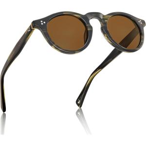 CARFIA Retro Men’s Sunglasses Polarized UV400 Protection, Small Round Acetate Italian Luxury Style Driving Shades(5-striped Black Green Frame Brown Lens)