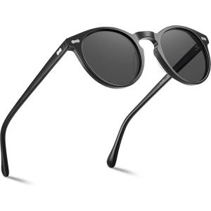 CARFIA Retro Polarized Sunglasses for Men UV400 Protection Handmade Acetate Round Frame CA5288L(R1: Grey Lens Black Frame)