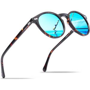 CARFIA Retro Polarized Sunglasses for Men UV400 Protection Handmade Acetate Round Frame CA5288L(R5: Ice Blue Mirror Tortoise Frame)