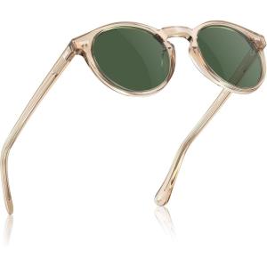 CARFIA Retro Polarized Sunglasses for Men UV400 Protection Handmade Acetate Round Frame CA5288L(R6: Clear Brown Frame Green Lens)