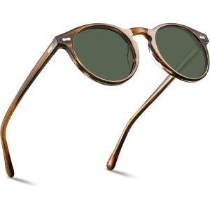 CARFIA Retro Polarized Sunglasses for Men UV400 Protection Handmade Acetate Round Frame CA5288L(R7: Green Lens Stripe Frame)
