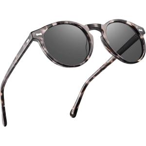 CARFIA Retro Polarized Sunglasses for Men UV400 Protection Handmade Acetate Round Frame CA5288L(R7: Grey Tortoise Frame Grey Lens)