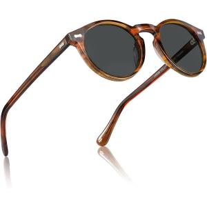 CARFIA Retro Polarized Sunglasses for Men UV400 Protection Handmade Acetate Round Frame CA5288L(R9: Striped Brown Frame + Grey Lens)