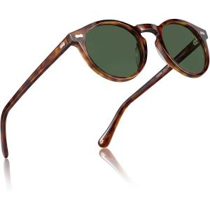 CARFIA Retro Polarized Sunglasses for Men UV400 Protection Handmade Acetate Round Frame CA5288L(R9: Tortoise Frame Green Lenses)