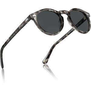 CARFIA Retro Polarized Sunglasses for Men UV400 Protection Handmade Acetate Round Frame CA5288L(R9: Tortoise Frame Grey Lenses)
