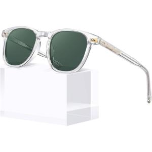 CARFIA Retro Polarized Sunglasses for Women Small and Medium Face UV Protection, Handcrafted Acetate Frame Sunnies CA5285(5. Transparent Frame Green Lens)