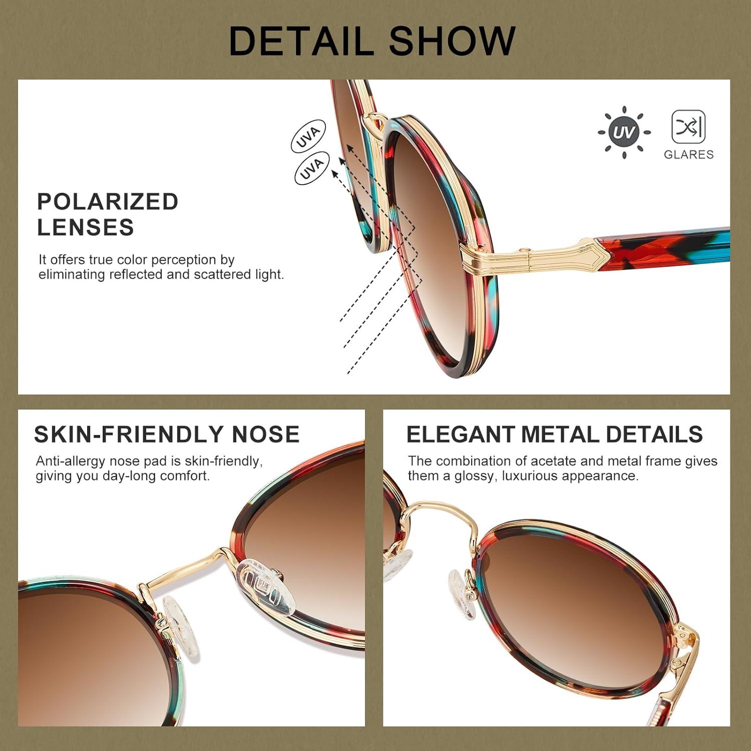 imageCARFIA AcetateMetal Frame Round Sunglasses for Women Polarized UV Protection Stylish Designer Eyewear CA19515saffron Frame Gradual Tea Lens