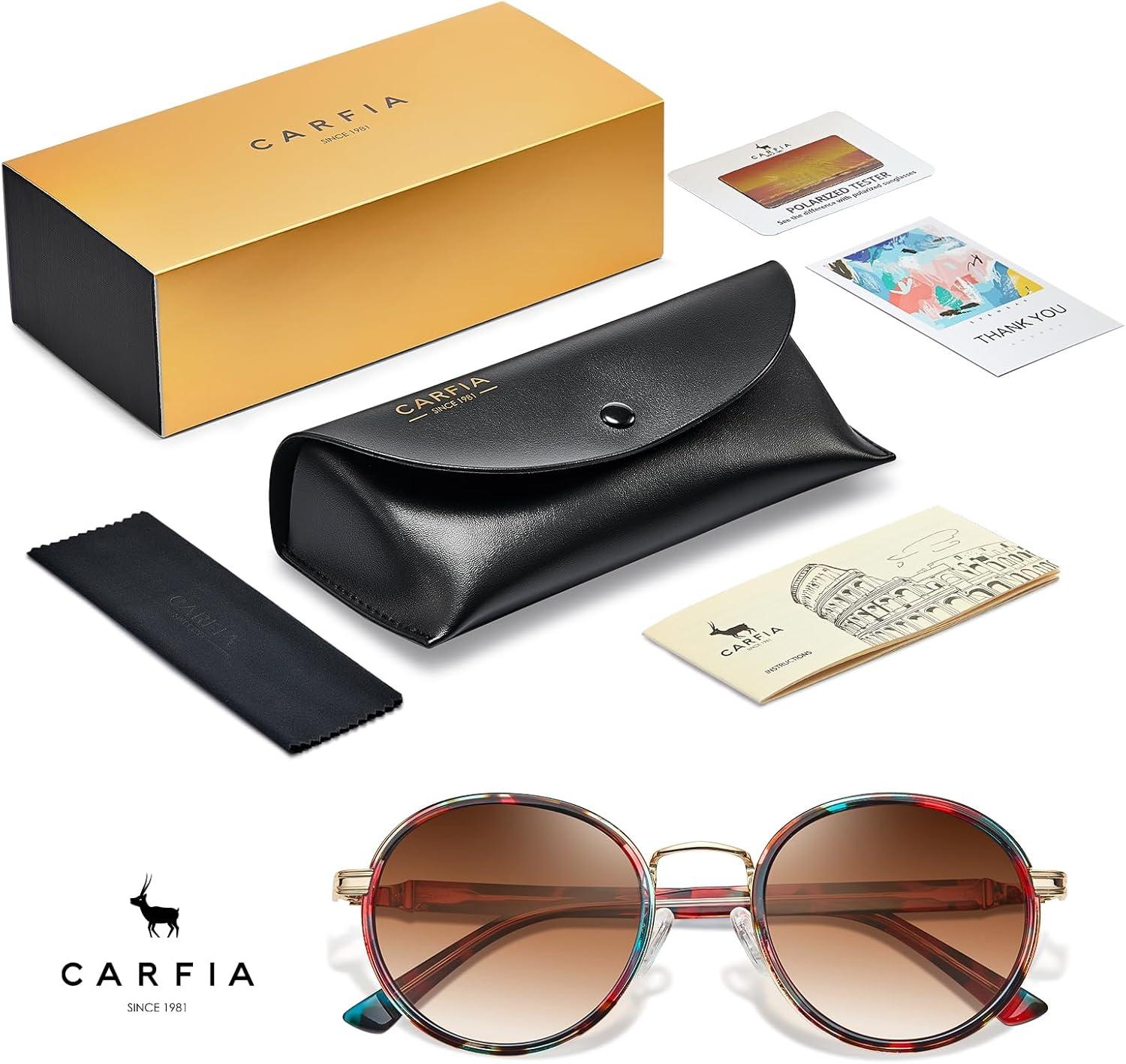 imageCARFIA AcetateMetal Frame Round Sunglasses for Women Polarized UV Protection Stylish Designer Eyewear CA19515saffron Frame Gradual Tea Lens