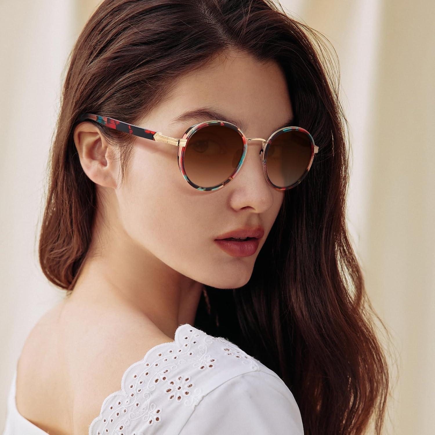 imageCARFIA AcetateMetal Frame Round Sunglasses for Women Polarized UV Protection Stylish Designer Eyewear CA19515saffron Frame Gradual Tea Lens