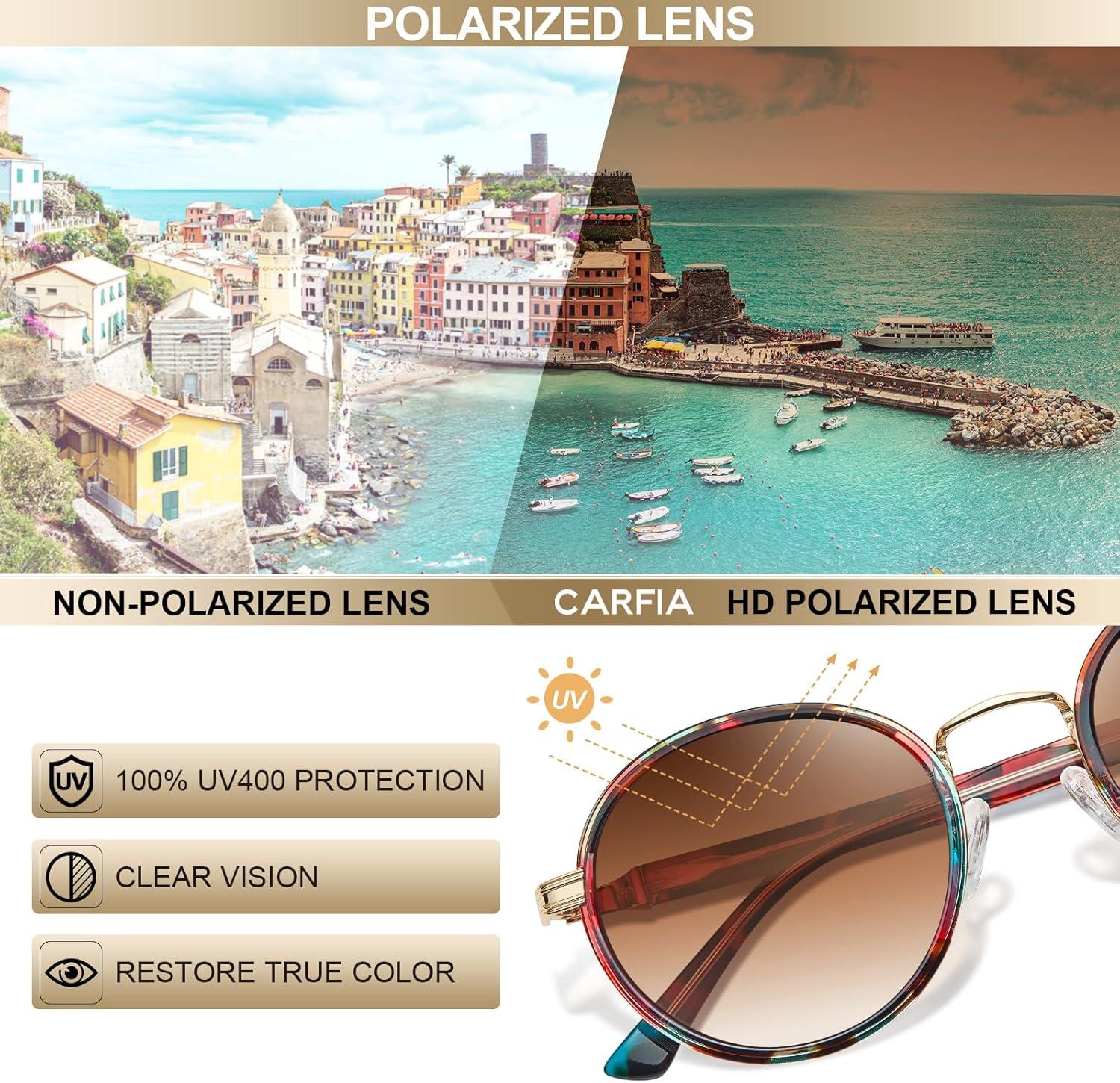 imageCARFIA AcetateMetal Frame Round Sunglasses for Women Polarized UV Protection Stylish Designer Eyewear CA19515saffron Frame Gradual Tea Lens