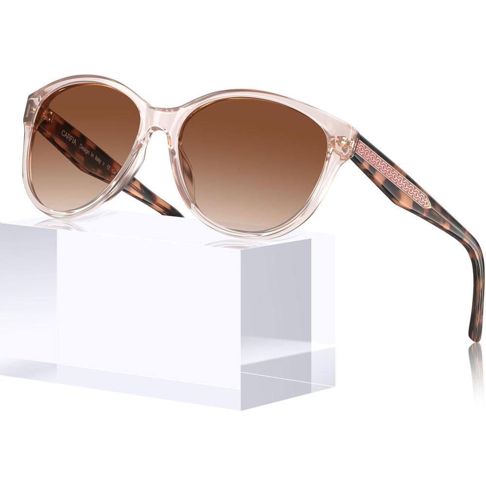 imageCARFIA Cateye Polarized Sunglasses for Women UV Protection Italy Handcrafted Acetate Frame with Embossed Pattern Wire Core6 Clear Pink Frame Gradient Brown Lens