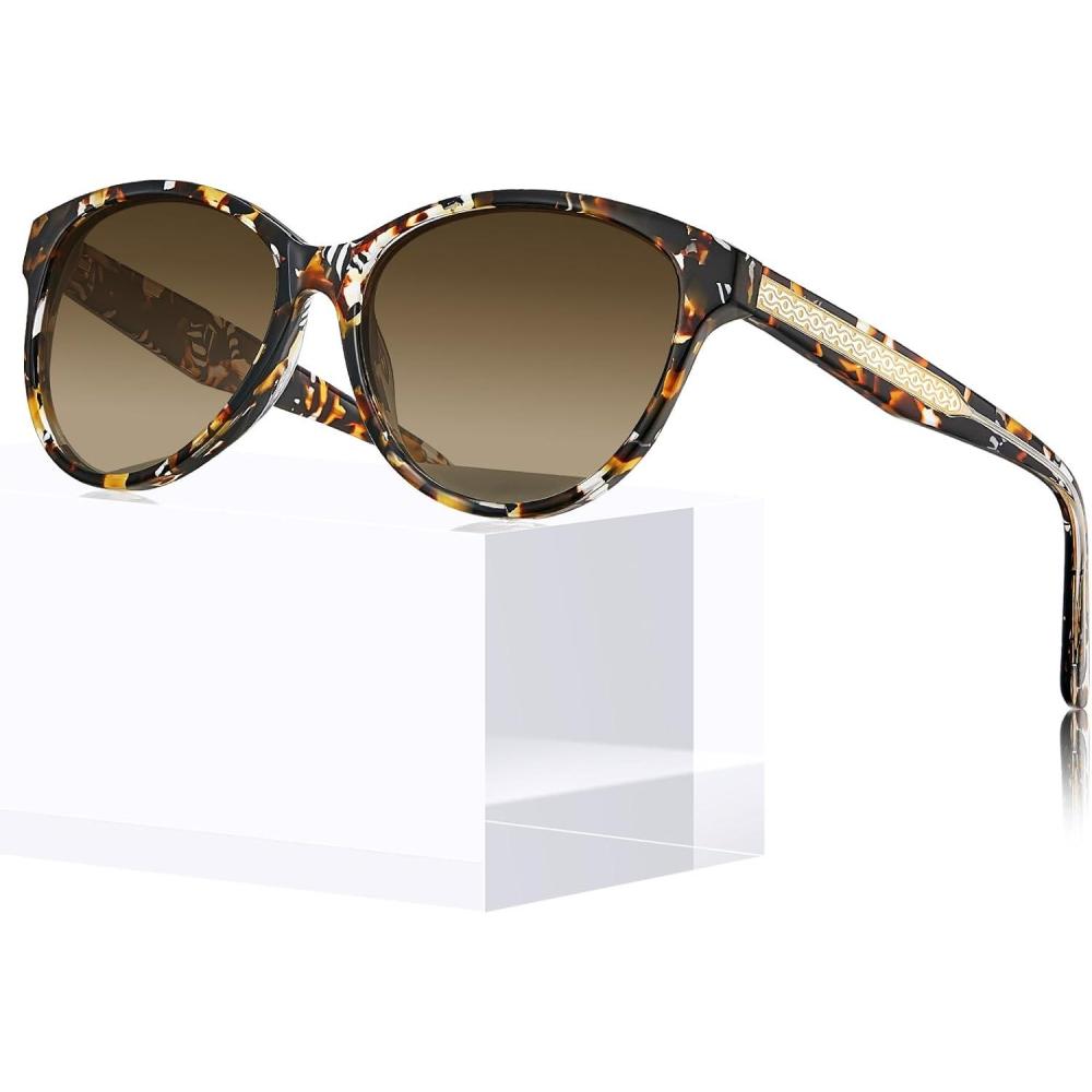 imageCARFIA Cateye Polarized Sunglasses for Women UV Protection Italy Handcrafted Acetate Frame with Embossed Pattern Wire Core9 Tortoise Frame Gradient Brown Lens