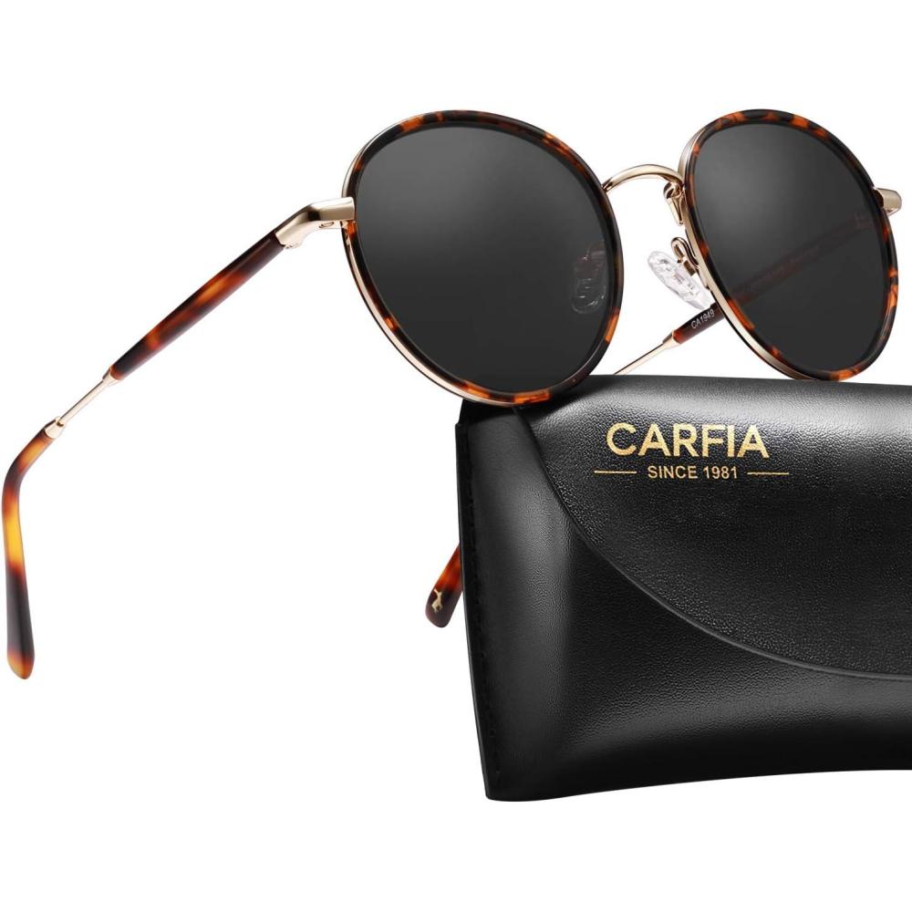 imageCARFIA Retro Small Round Polarized Womens Sunglasses UV Protection Trendy Vintage Stylish Designer Sunglasses CA1949B Metal  Tortoise Frame  Grey Lens
