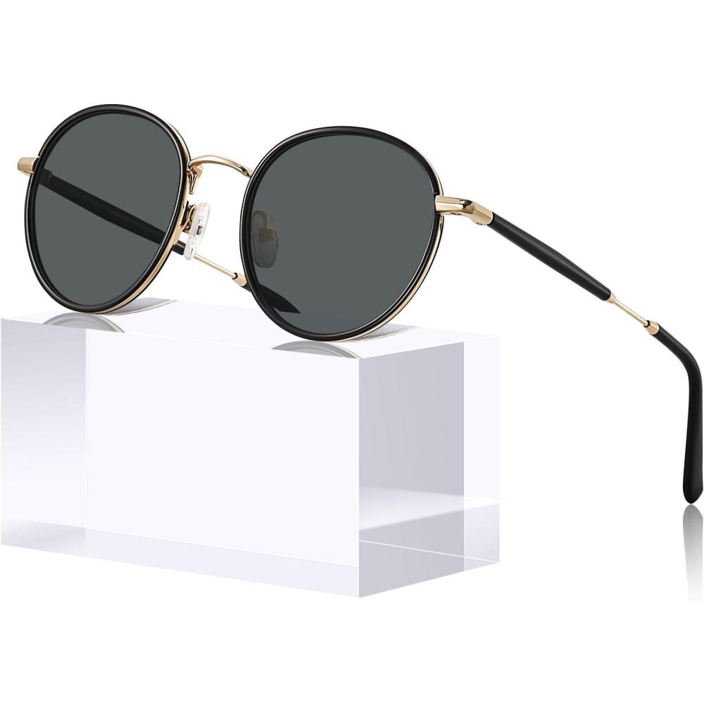 imageCARFIA Retro Small Round Polarized Womens Sunglasses UV Protection Trendy Vintage Stylish Designer Sunglasses CA1949C Metal  Black Frame  Grey Lens