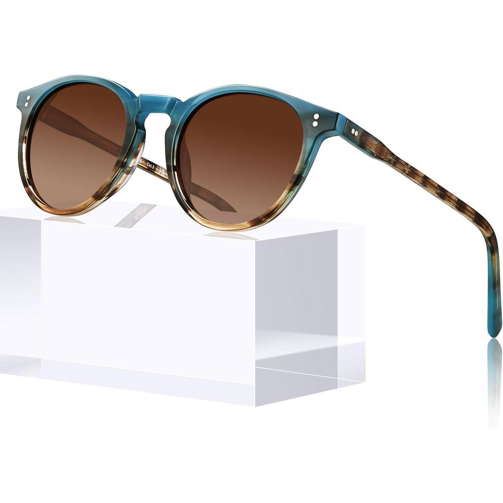 imageCARFIA Round Polarized Sunglasses for Women UV Protection Acetate Frame Classic Retro Style CA23021 Brown Gradient Lens