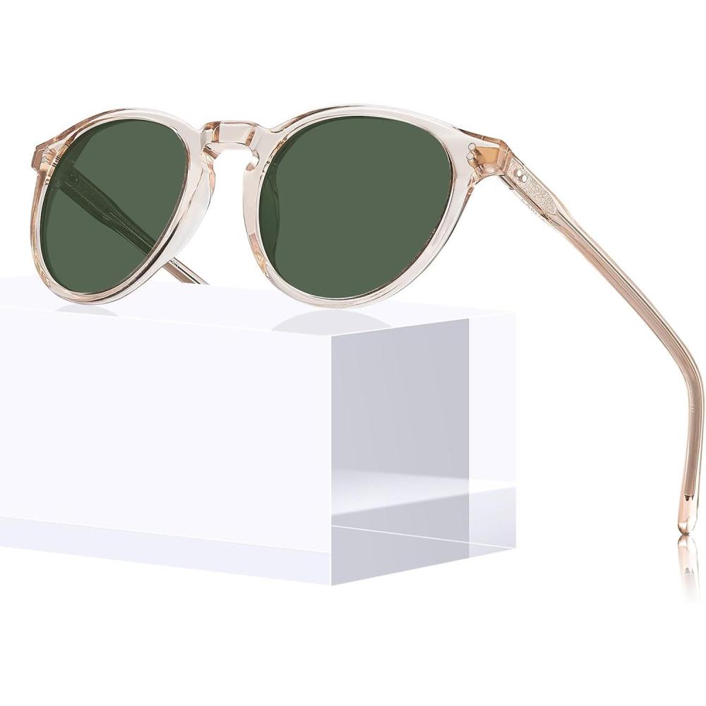 imageCARFIA Round Polarized Sunglasses for Women UV Protection Acetate Frame Classic Retro Style CA23024 Clear Yellow Frame Green Lens
