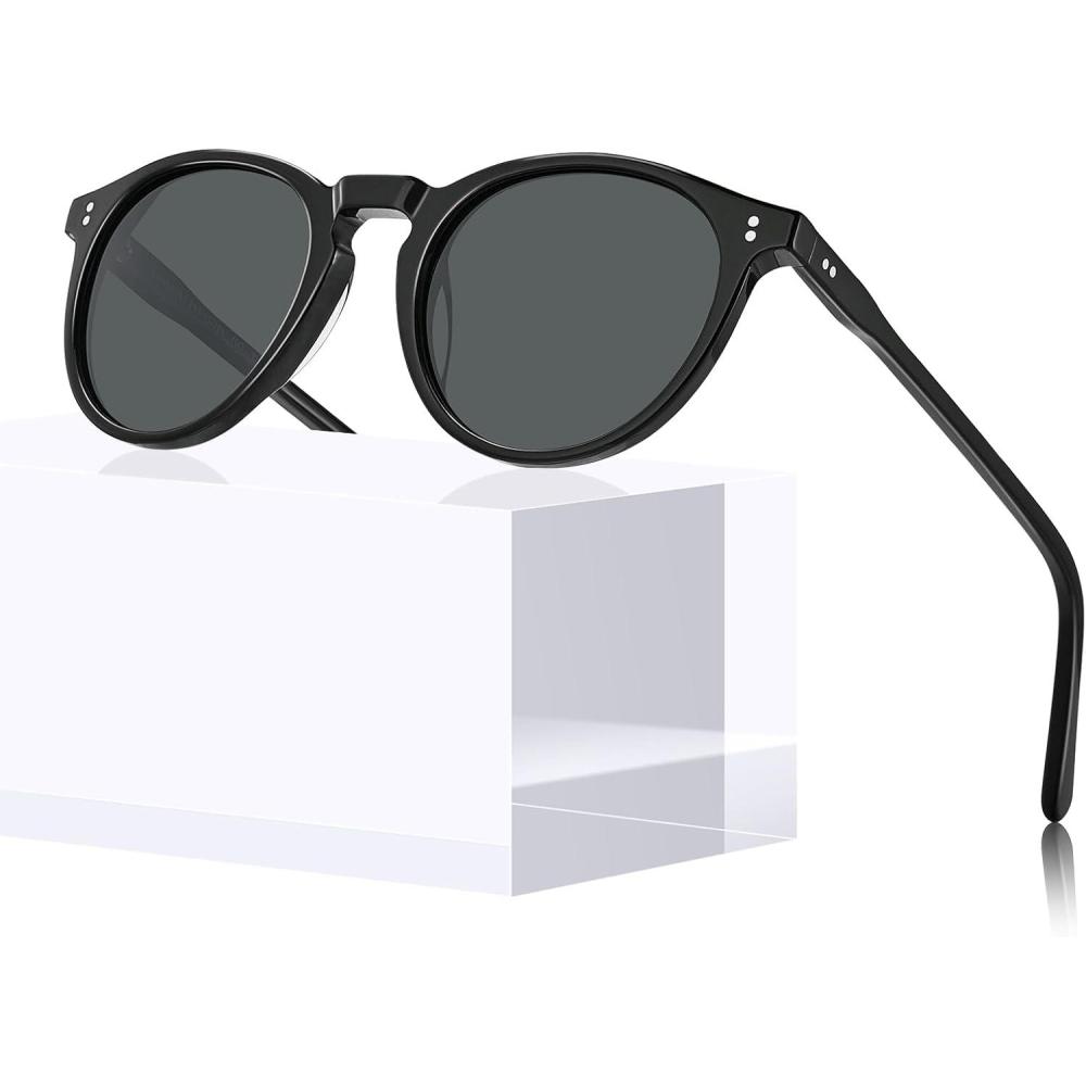 imageCARFIA Round Polarized Sunglasses for Women UV Protection Acetate Frame Classic Retro Style CA23025 Black Frame Grey Lens