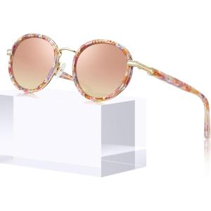 CARFIA Acetate-Metal Frame Round Sunglasses for Women Polarized UV Protection Stylish Designer Eyewear CA1951(2.flower Tortoiseshell Frame + Pink Lens)