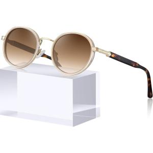 CARFIA Acetate-Metal Frame Round Sunglasses for Women Polarized UV Protection Stylish Designer Eyewear CA1951(3.white Brown Frame Gradual Tea Lens)
