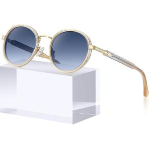 CARFIA Acetate-Metal Frame Round Sunglasses for Women Polarized UV Protection Stylish Designer Eyewear CA1951(4.white Frame Gradual Blue Lens)