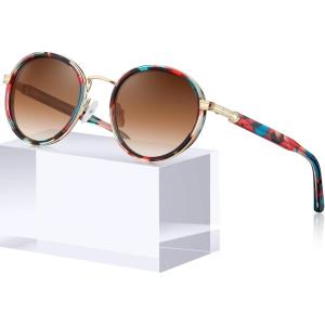CARFIA Acetate-Metal Frame Round Sunglasses for Women Polarized UV Protection Stylish Designer Eyewear CA1951(5.saffron Frame Gradual Tea Lens)
