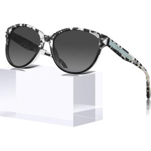 CARFIA Cateye Polarized Sunglasses for Women UV Protection, Italy Handcrafted Acetate Frame with Embossed Pattern Wire Core(1. Marbled Tortoise Frame Gradient Grey Lens)