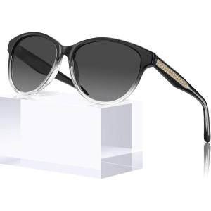 CARFIA Cateye Polarized Sunglasses for Women UV Protection, Italy Handcrafted Acetate Frame with Embossed Pattern Wire Core(3. Black Transparent Frame Gradient Grey Lens)