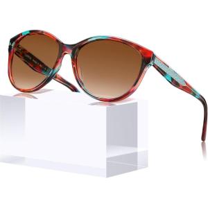 CARFIA Cateye Polarized Sunglasses for Women UV Protection, Italy Handcrafted Acetate Frame with Embossed Pattern Wire Core(7. Red Floral Frame Gradient Brown Lens)