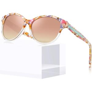 CARFIA Cateye Polarized Sunglasses for Women UV Protection, Italy Handcrafted Acetate Frame with Embossed Pattern Wire Core(8.pink White Tortoise Frame Pink Mirrored)
