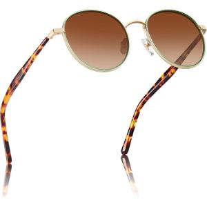 CARFIA Metal Acetate Polarized Sunglasses for Women UV400 Protection, Retro Small Round Anti-Glare Glasses Driving Shades(E: Translucent Green Frame + Gradual Brown Lens)
