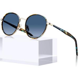 CARFIA Metal Acetate Polarized Sunglasses for Women UV400 Protection, Retro Small Round Anti-Glare Glasses Driving Shades(G: Blue-brown Tortoise Frame + Gray Lens)